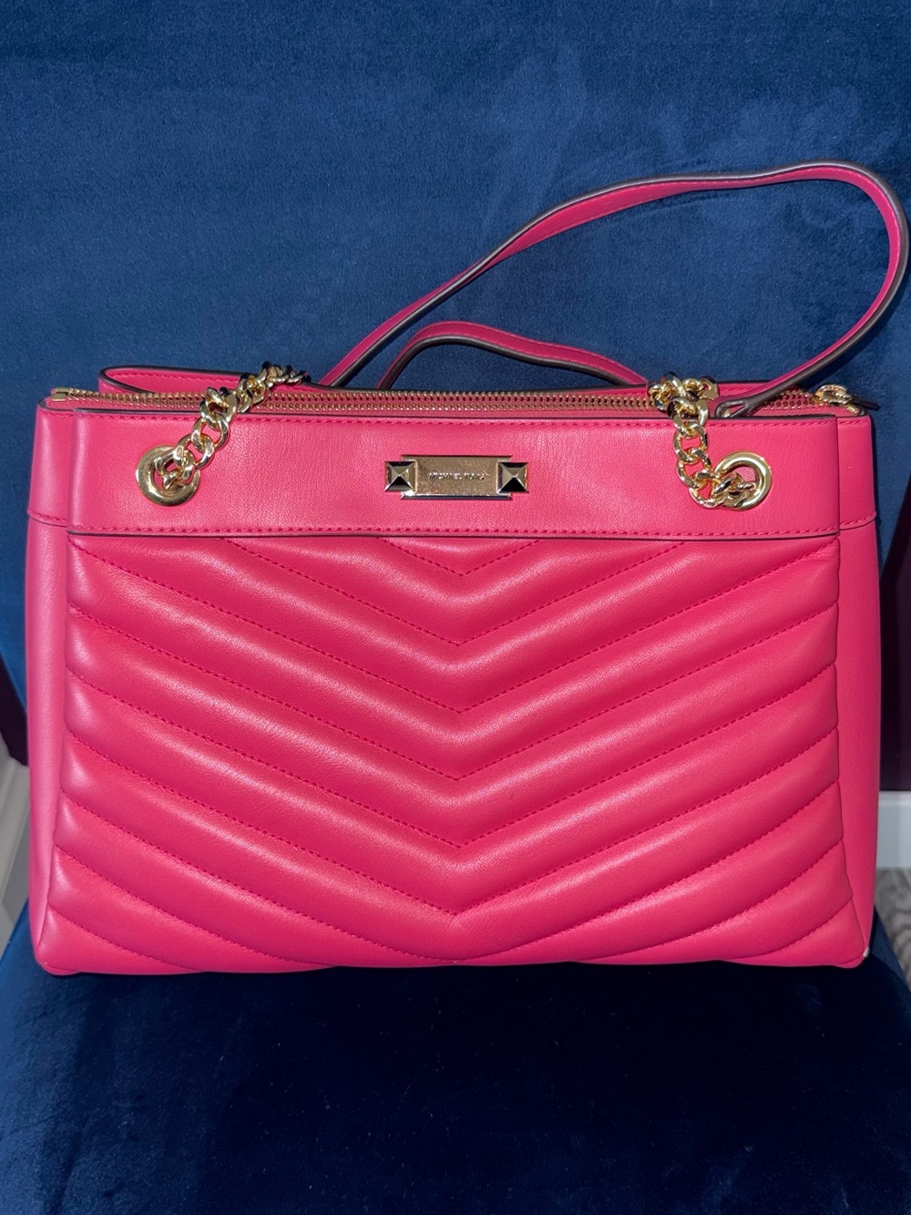 Michael Kors Pink Quilted Satchel Handbag with Gold Chain Accents